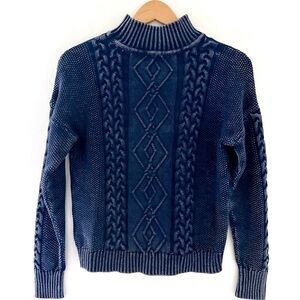 HOUSE OF HARLOW Sweater Cable Knit Distressed Chunky Blue Cotton Preppy NWT